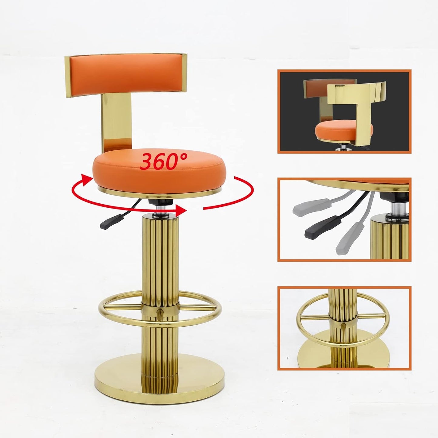 FUNROLUX Counter Height Bar Stools with Back, Modern Adjustable Height Barstools Swivel Bar Chair with Polished Gold Stainless Steel Legs for Kitchen Island Counter Living Room Coffee Shop (Orange)