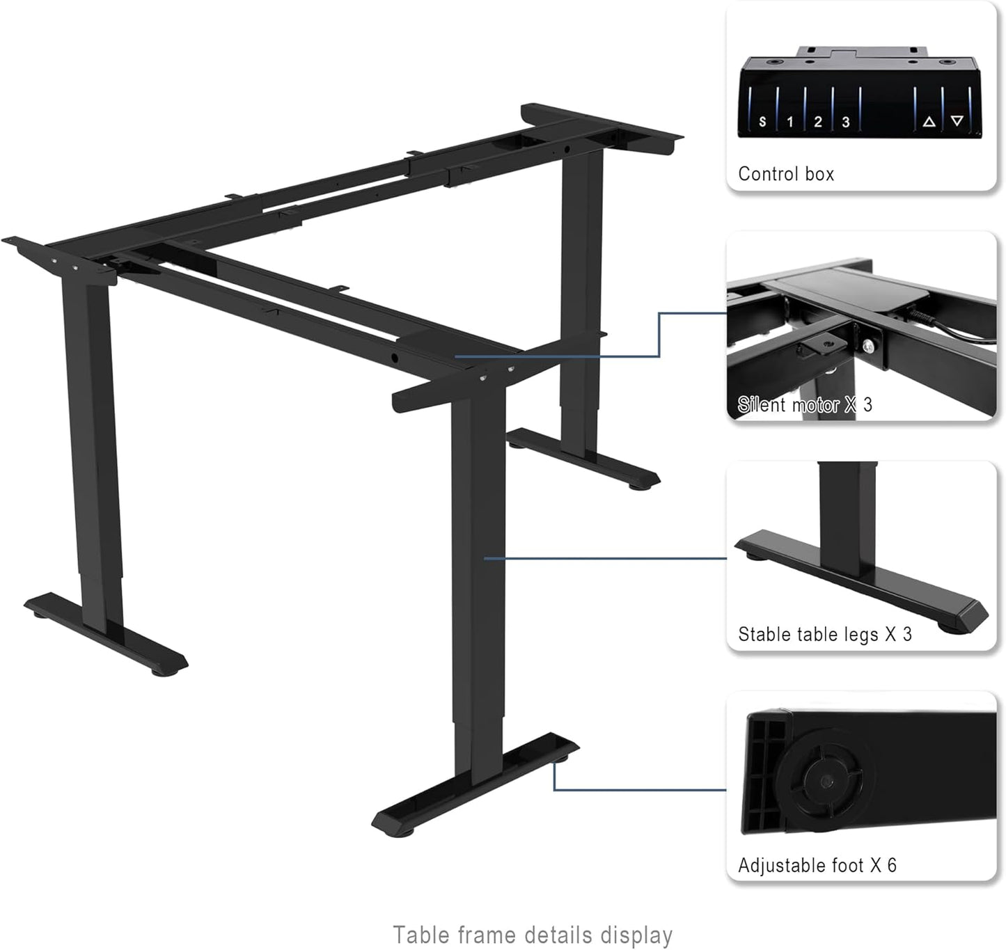 Fromann Adjustable 3 Legs Standing Desk Frame Base Electric Corner Sit-Stand Desk for Home and Office (Black)