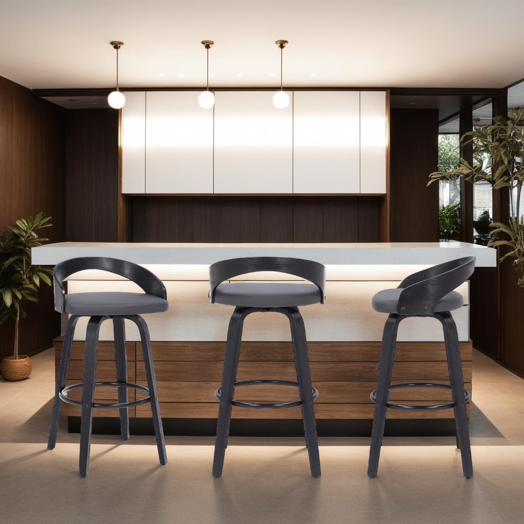 Armen Living Sonia 30" Bar Height Swivel Gray Faux Leather and Black Wood Bar Stool