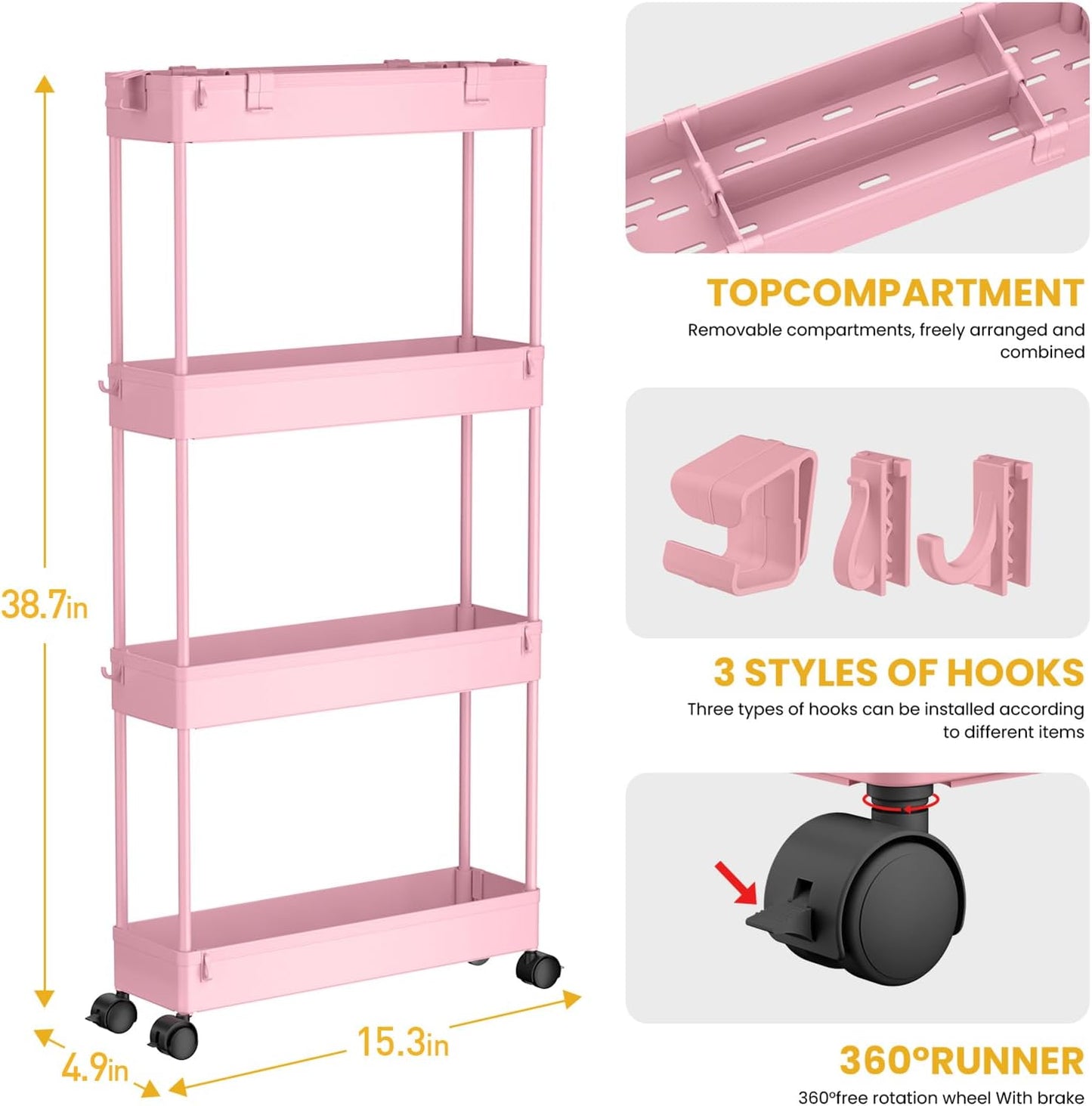SPACELEAD Slim Storage Cart 4 Tier,Bathroom Organizer Rolling Utility,Mobile Shelving Unit Slide Out for Office, Kitchen, Laundry Room & Narrow Places,Pink