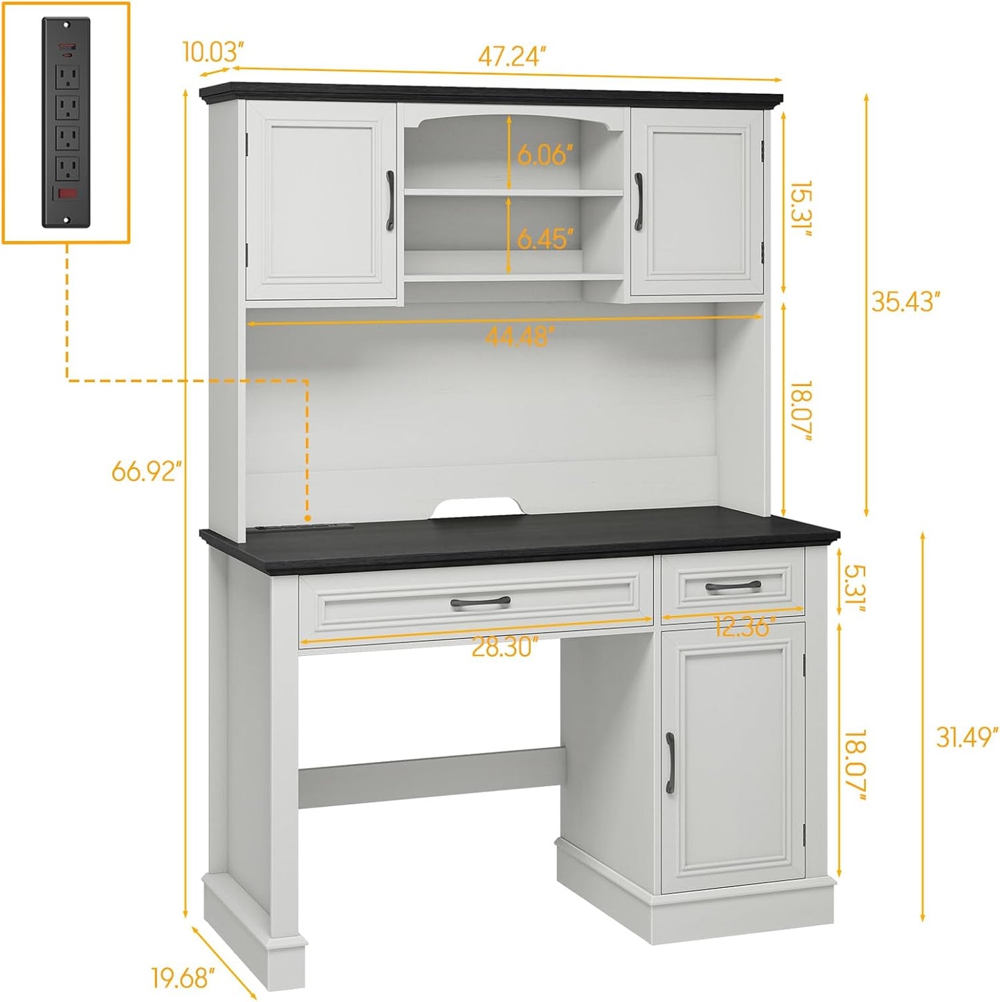 Farmhouse 47" Executive Desk with Hutch, 2 Drawers and LED Light, Computer Desk with Storage Cabinet and Charging Station,Workstation for Home Office and Study.