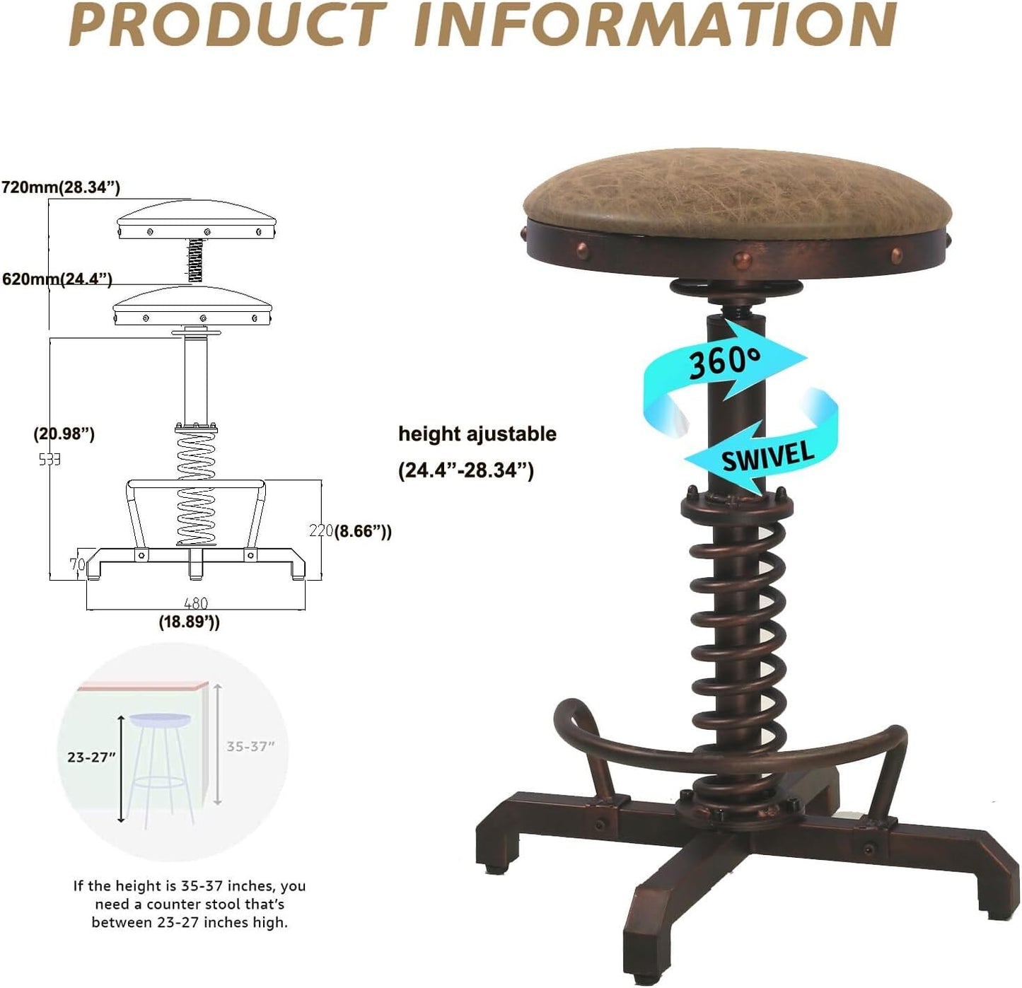 Topower Industrial Retro Vintage Farm PU Seat Tractor Stool Kitchen Swivel Height Adjustable bar Stool Copper
