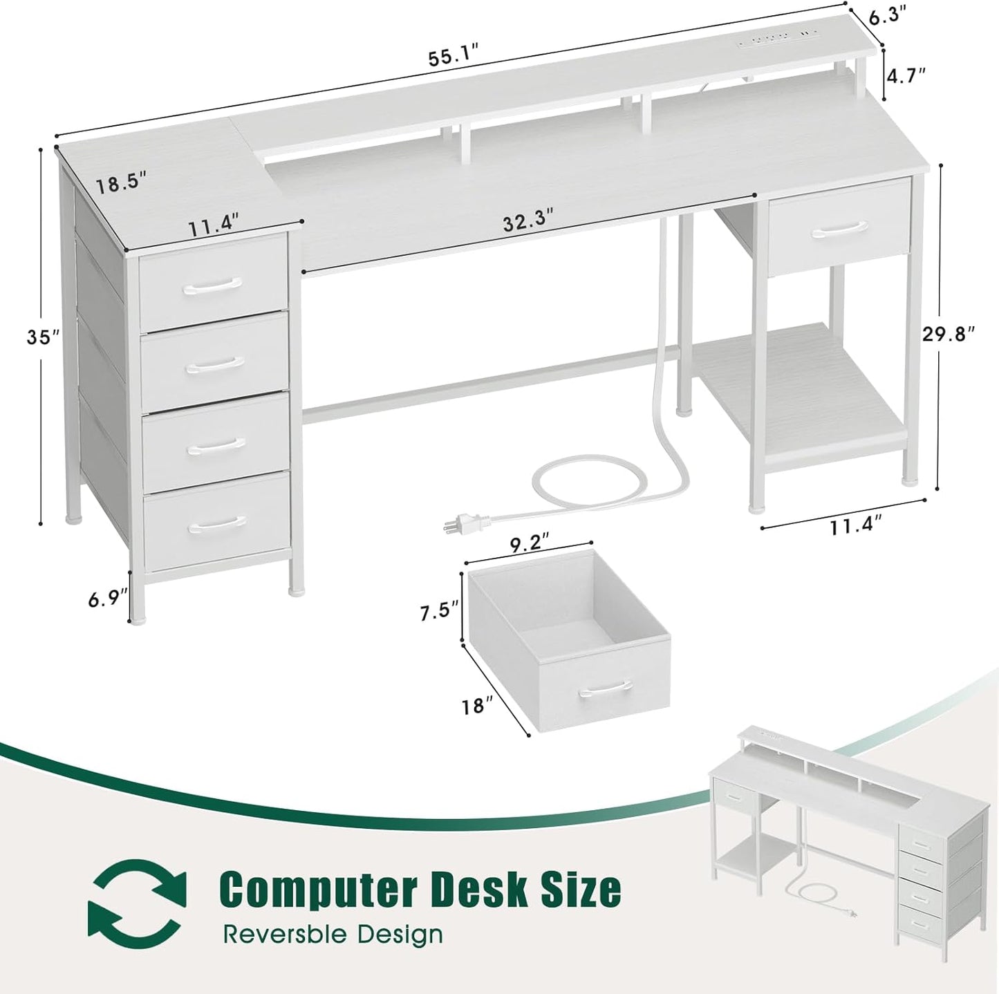 55 Inch Computer Gaming Desk with Power Outlets LED Lights, Reversible Home Office with Adjustable Fabric Storage Drawers for Working Writing Study, White
