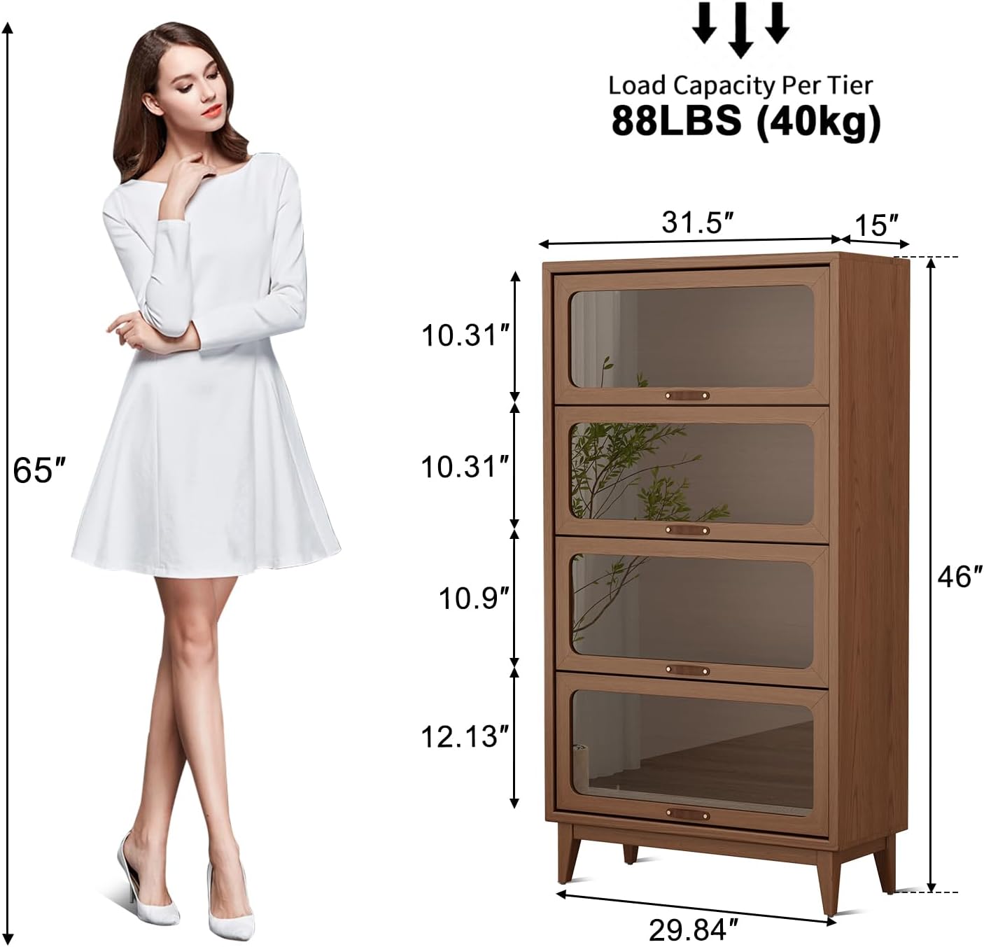 Solid Wood Bookcase 4-tire with Tempered Glass Flip-Up Doors,60Hx32Dx13.7W Bookshelves Finish Cube Storage Organizer,Bookshelf Versatile Pantry Cabinet for Living Room Home Office