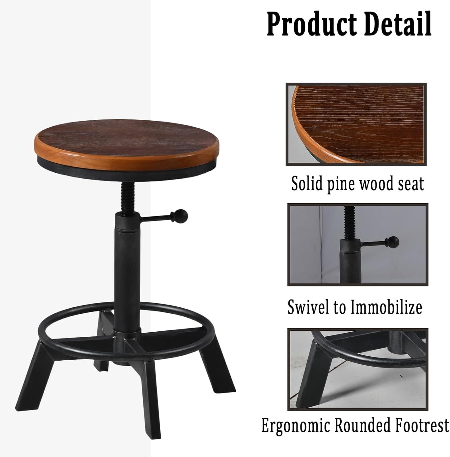 Set of 2-Industrial Bar Stool-Rustic Counter Height Chairs for Kitchen Island-Farmhouse Swivel Wooden Seat- Adjustable 17.7-24inch