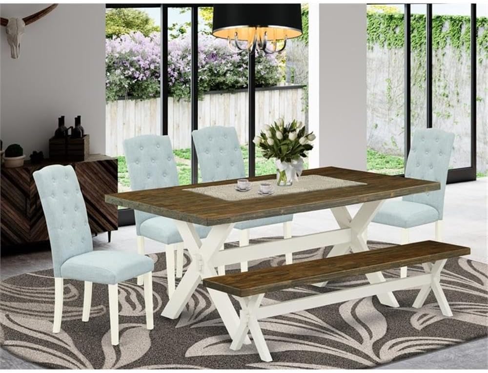 East West Furniture X077CE215-6 6 Piece Dining Table Set Contains a Rectangle Dining Room Table and 4 Baby Blue Linen Fabric Parson Chairs with a Bench, 40x72 Inch, Multi-Color