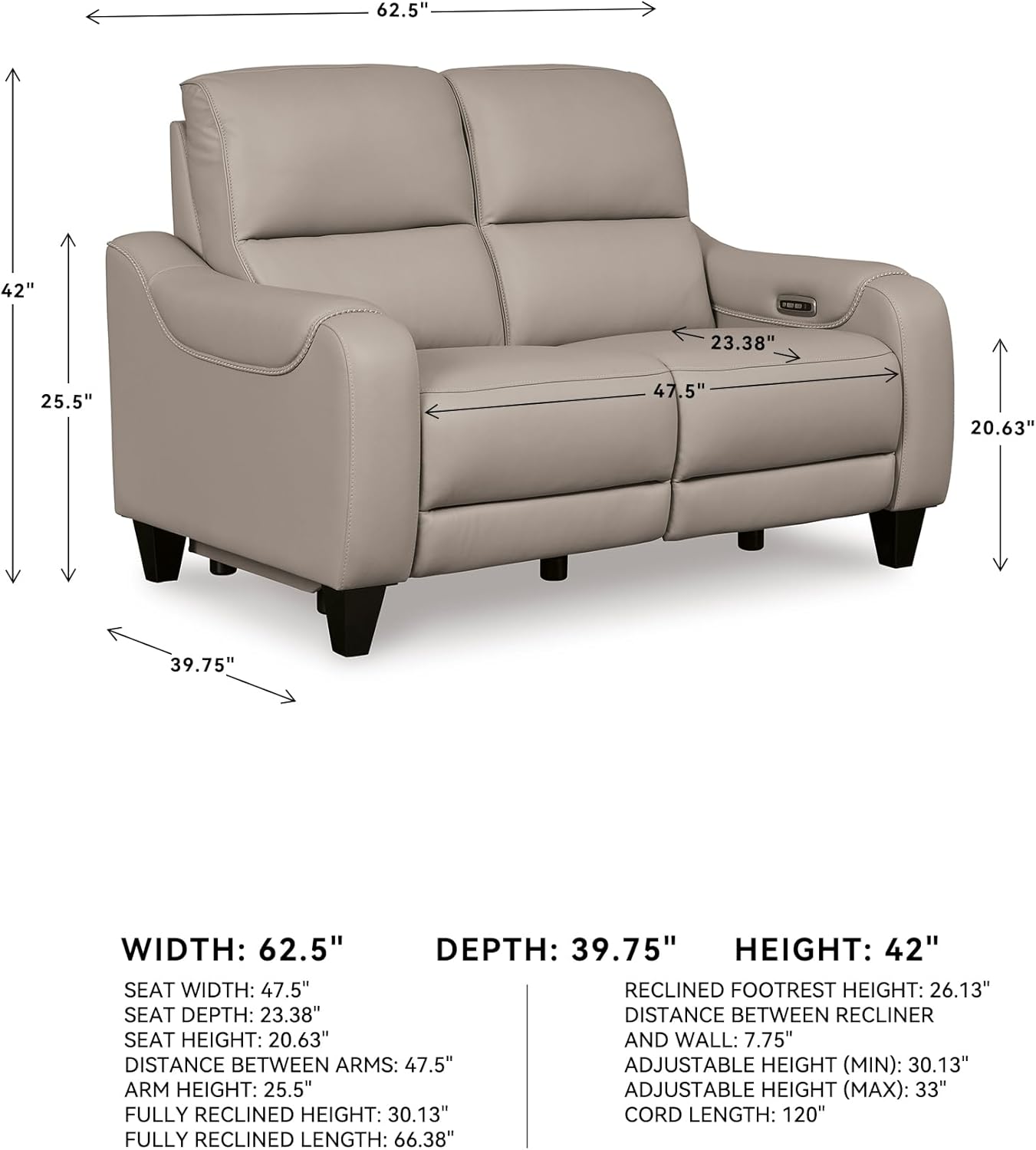 Signature Design by Ashley Mercomatic Casual Leather Match Wall Hugger Power Reclining Loveseat with Adjustable Headrest and USB Ports, Light Gray