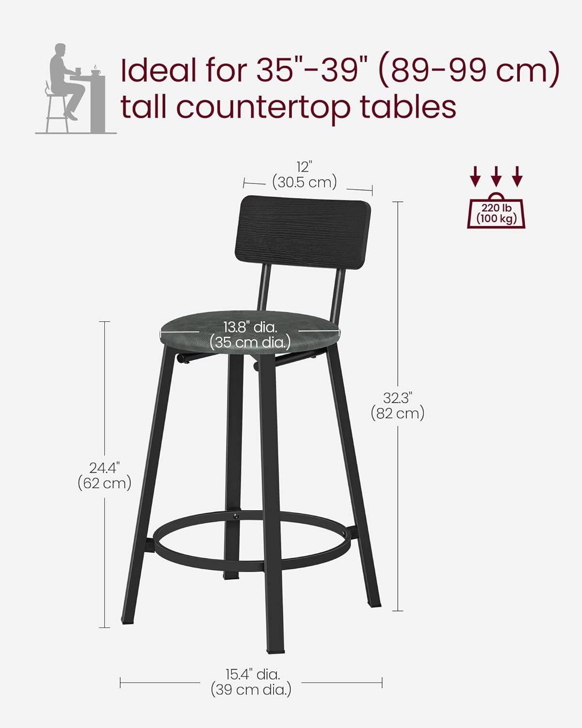 VASAGLE Bar Stools, Set of 2 PU Upholstered Breakfast Stools, 29.7-Inch Barstools with Back and Footrest, Simple Assembly, for Dining Room Kitchen Counter, Classic Black and Forest Green ULBC059C01
