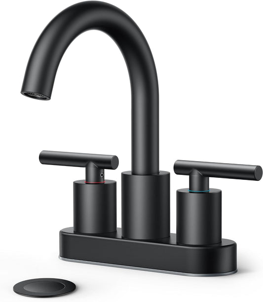 FORIOUS 4 Inch Centerset Bathroom Faucet Black 2 Hole, Two Handle Matte Black 4 Inch Faucet for Bathroom Sink Centerset with Metal Dain, Supply Line, and 360° Rotating Spout Rv Basin Tap