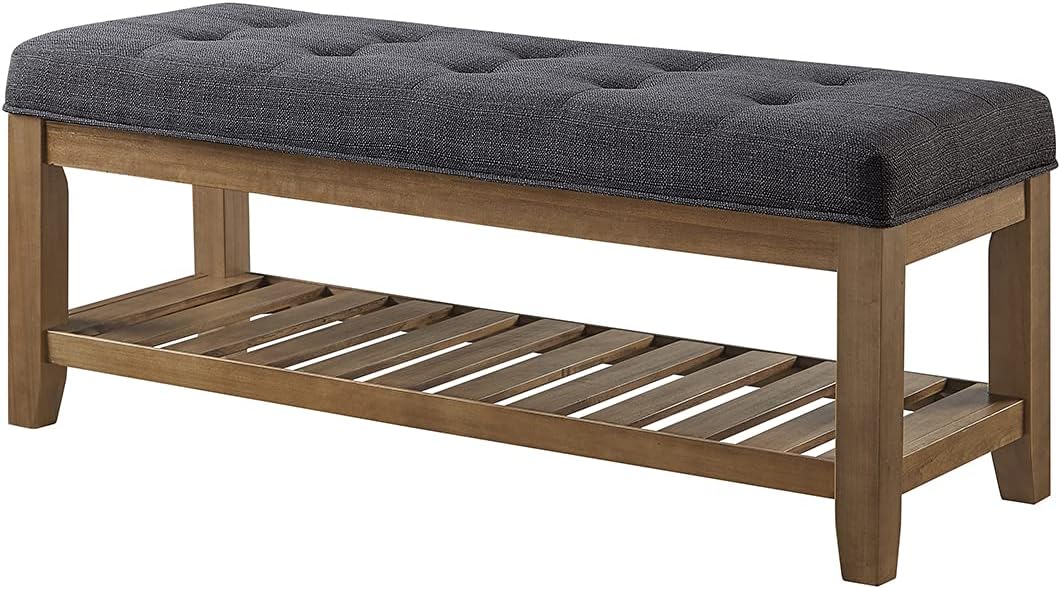 24KF Large Rectangular Upholstered Tufted Linen Fabric Ottoman Bench, Padded Bench with Solid Wood Shelf-Charcoal