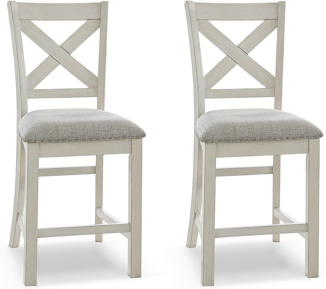 Signature Design by Ashley Robbinsdale Farmhouse Armless 24.75" Counter Height Upholstered Bar Stool with Foot Rest, Set of 2, White & Light Gray