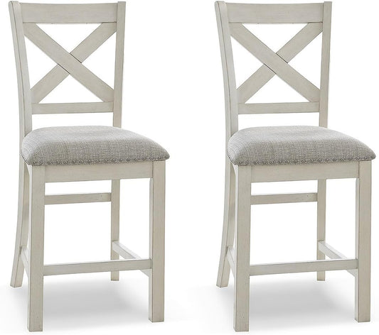 Signature Design by Ashley Robbinsdale Farmhouse Armless 24.75" Counter Height Upholstered Bar Stool with Foot Rest, Set of 2, White & Light Gray
