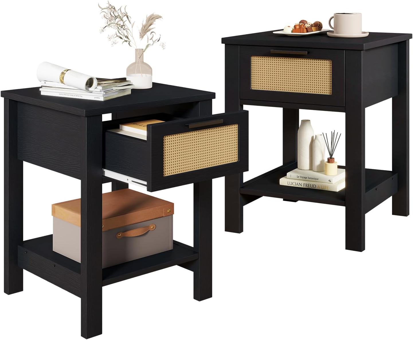 IBUYKE Rattan Nightstand Set of 2, Boho Night Stand with Drawer, Wood Bedside Tables with Storage Shelf, End Table with Legs for Bedroom, Black UWNS011B-2