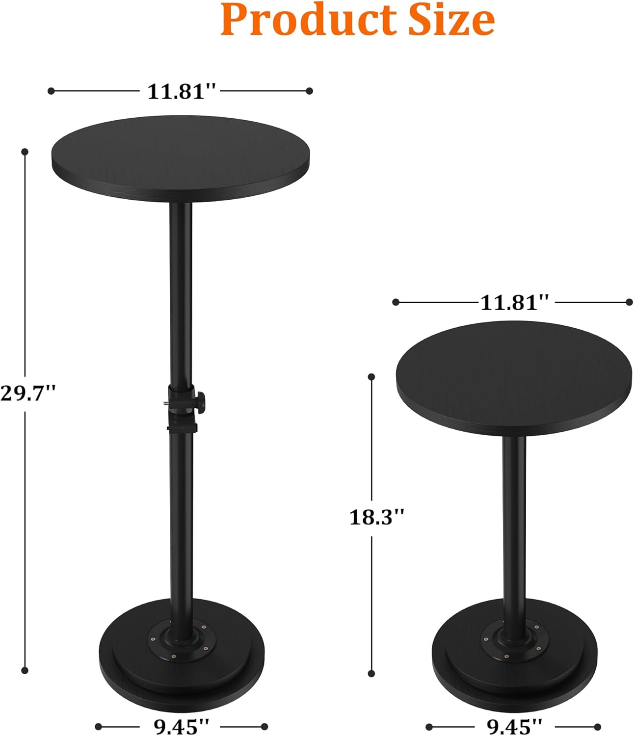 2Pack Drink Table, Small Round Side Table - 360° Swivel Height Adjustable for Small Spaces, Pedestal Martini for Sofa Couch, Living Room, Bedroom, Black