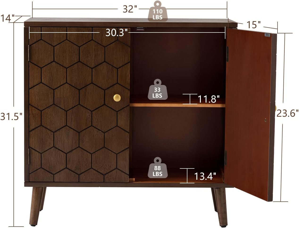 COSIEST Set of 2 32" Storage Sideboards with Doors, Accent Cabinets with Magnetic Push-to-Open Doors, Brown Honeycomb Pattern, Entryway Console for Living Room, Kitchen, Hallway