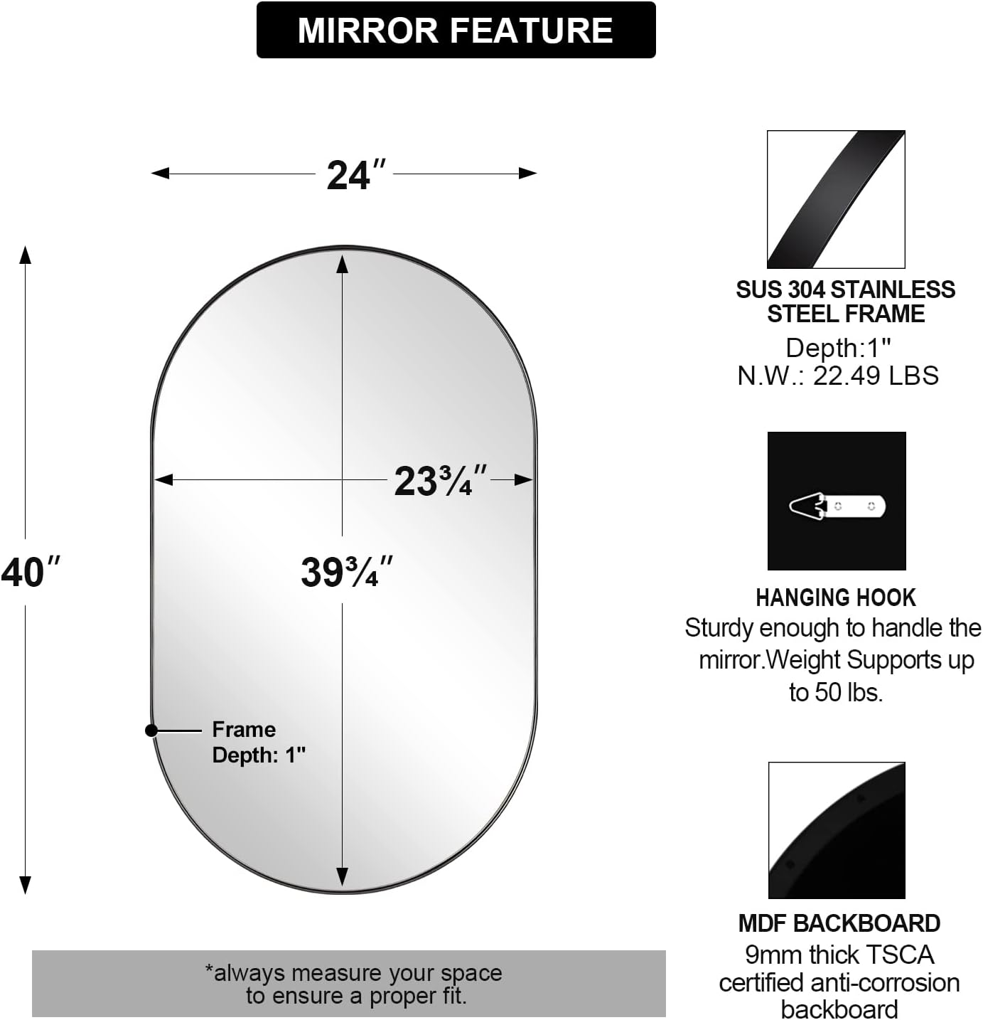 ANDY STAR Oval Mirrors for Bathroom, 24x40’’ Black Vanity Mirror, Black Oval Mirror Pill Shaped, 1’’ Deep Stainless Steel Frame, Wall-Mounted Horizontally/Vertically