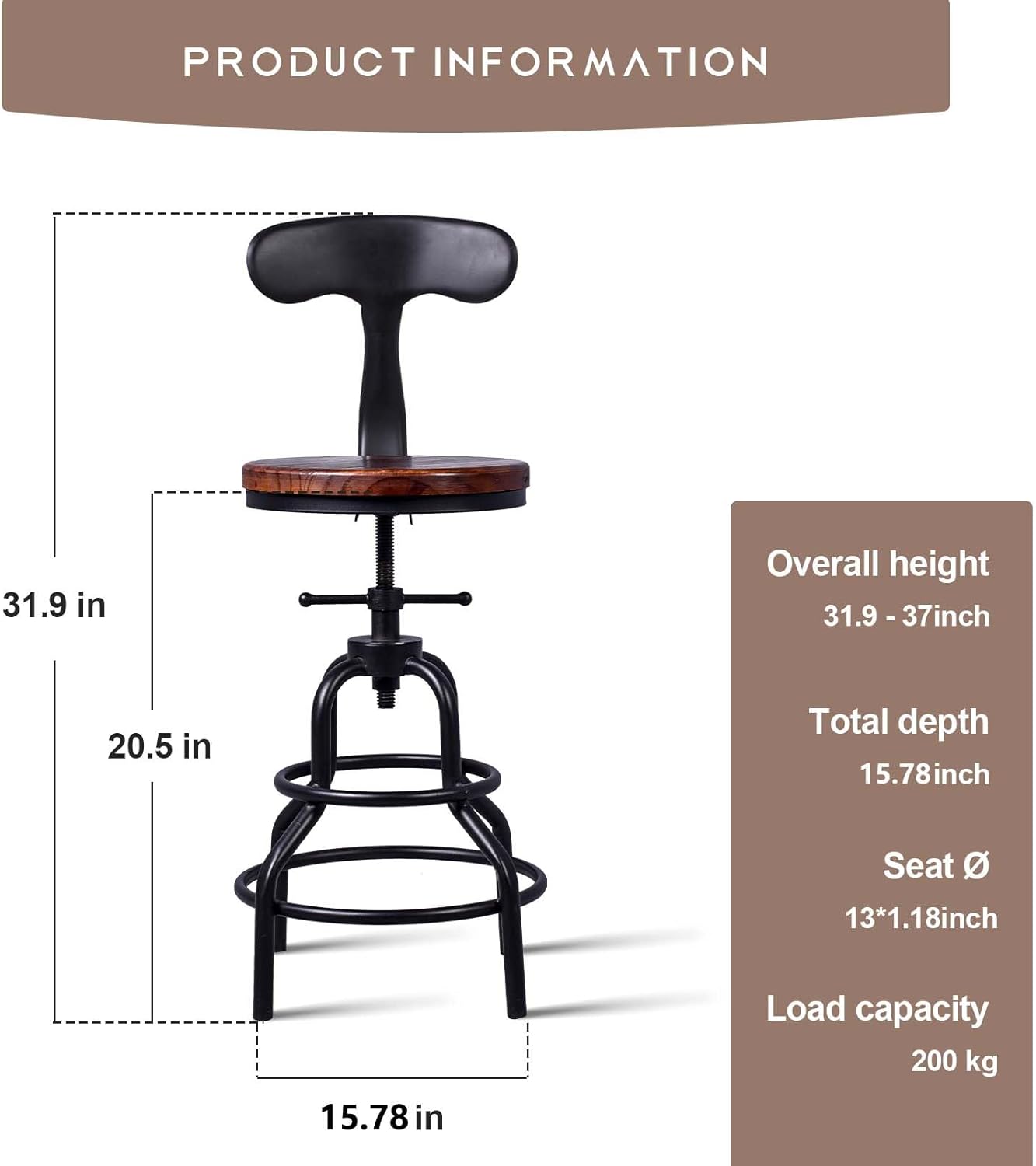 Diwhy Industrial Vintage Counter Stool, Kitchen Counter Height Adjustable Swivel Chair, Metal Frame Stool, with Iron Backrest, 20.47-26.77 Inch, Fully Welded Base, Set of 2