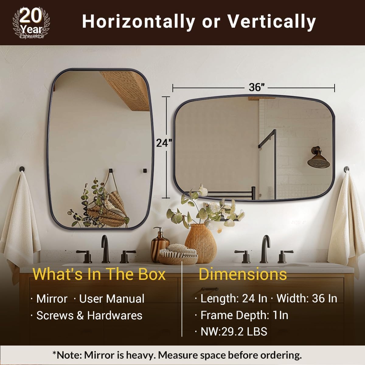 ANDY STAR Black Oval Mirrors for Bathroom, 24x36 Inch Oblong Bathroom Mirrors for Over Sink, Modern Metal Vanity Mirror, Non-Rusting SUS304 Metal Tube Frame Rounded Rectangle Mirror