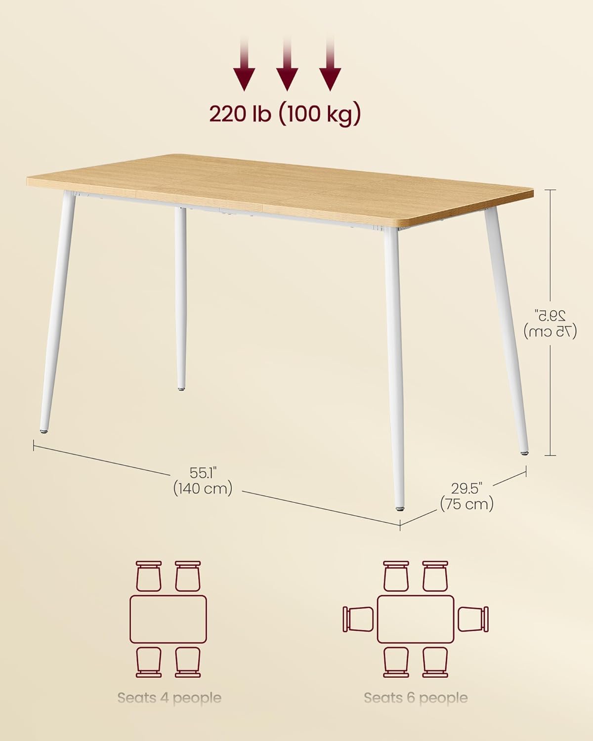 VASAGLE Dining Table, Dining Room Table for 4-6 People, Modern Farmhouse, for Kitchen, Quick Assembly, Heat-Resistant Surface, 29.5 x 55.1 x 29.5 Inches, Golden Oak and Cloud White UKDT100N01V2