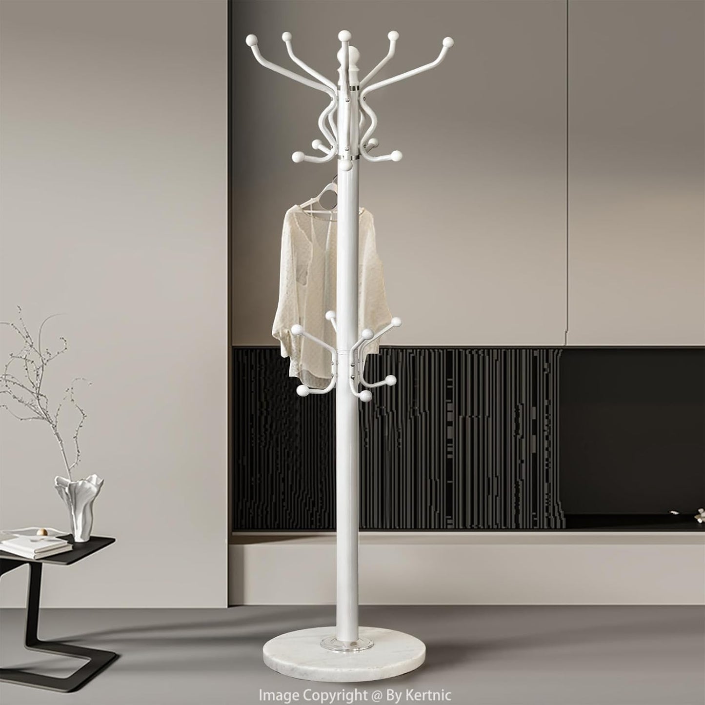 Kertnic Freestanding Coat Rack with 18 Hooks & Marble Base - Heavy Duty Metal Hall Tree Stand for Entryway, Hats, Coats, Bags Rack - Modern Hanger Organizer for Home, Office, Dorm (18 hooks -White)