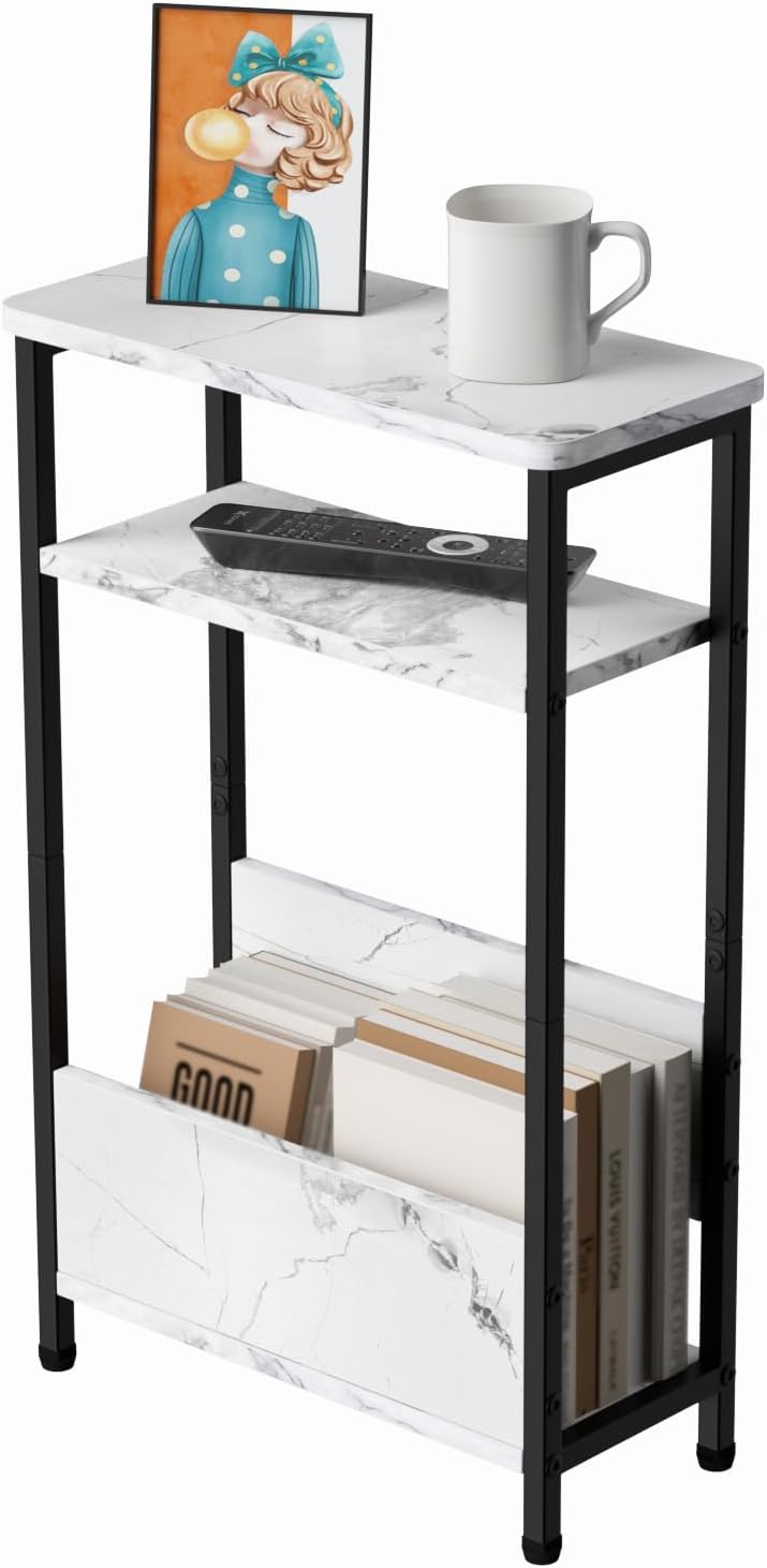 7.1" Narrow Side Table for Small Spaces, 3 Tier Small End Table with Magazine Holder, Slim/Skinny Nightstand/Bedside Table for Living Room, Bedroom, 15.4" L x 24.2" H, Faux White Marble