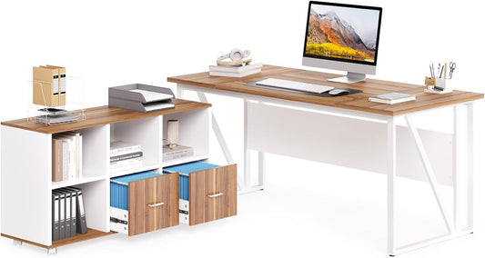 LITTLE TREE 63" Office Desk and 47" File Drawer Cabinet, Large Computer Desk, Study Writing Desk Workstation for Home Office