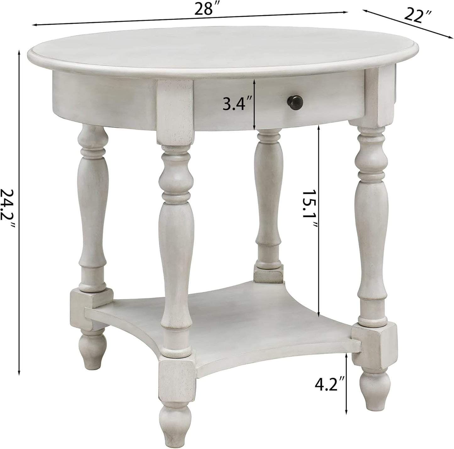 LEEMTORIG Oval Round End Table with Drawer, 2-Tier Solid Wood End Tables, Victorian Antique Nightstand Bedside Table for Bedroom, 28" W x 22" D x 24.2" H, Grey White (not Pure White), CJZ-2233-RW