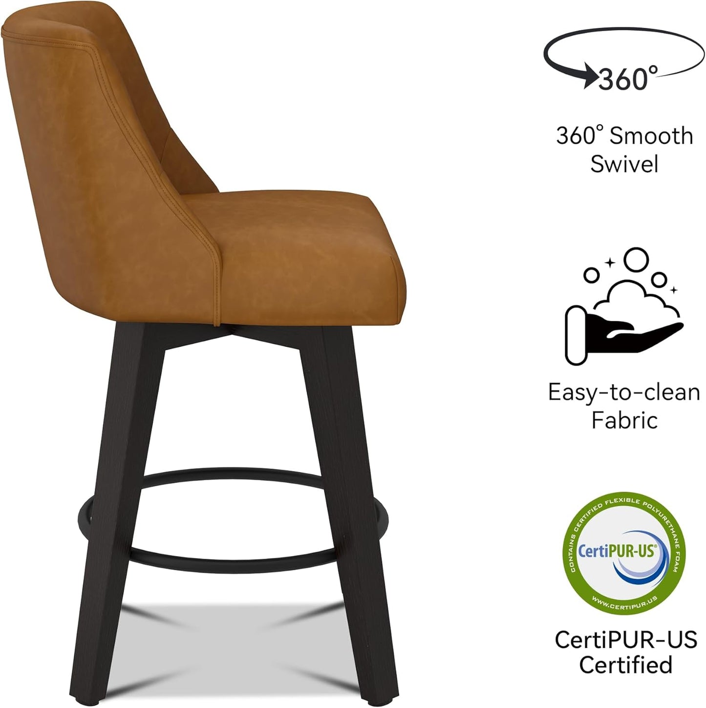 Bar Stools Set of 2, 26" H Counter Height Swivel Bar Stools, Upholstered Kitchen Island Counter Stools with Back and Solid Wood Legs, Faux Leather in Rustic Brown