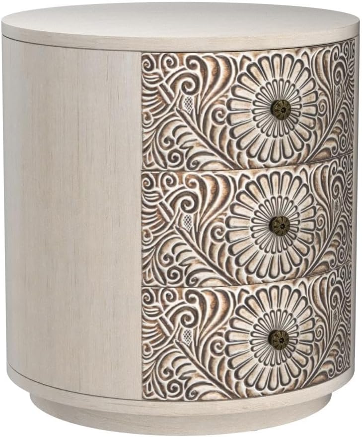 COSIEST 3 Drawer Chest of Drawers, 20 inch MDF Round Storage Cabinet, Retro Whitewash Finish Nightstand, Wood Bedside Table with Drawers for Bedroom Living Room,Light Gray