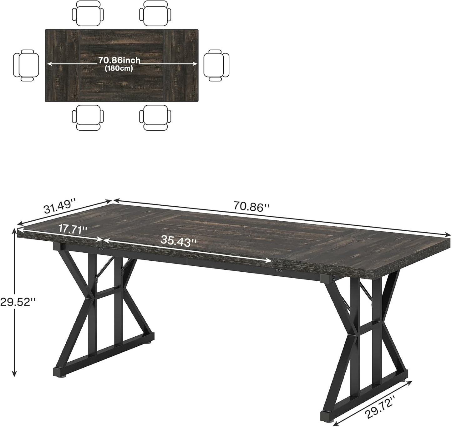 Tribesigns Farmhouse Dining Table for 6 People, 70.8-Inch Rectangular Wood Dining Table, Rustic Kitchen Table with Heavy Duty Metal Legs for Dining Room (Black, 70.8 Inch)