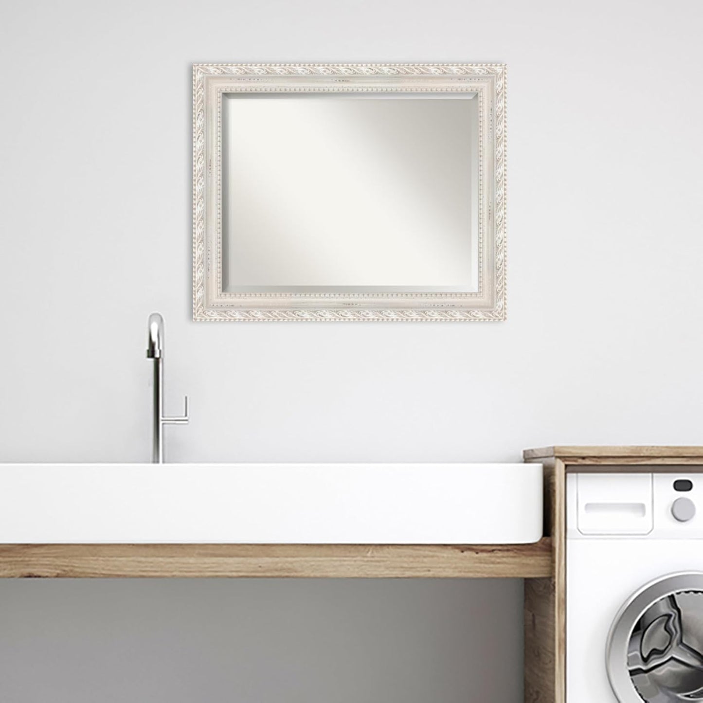 Amanti Art White Bathroom Mirror for Over Sink, 28x34 Opera Off White Rectangle Vanity Mirror, Large Traditional Wood Frame, Hangs Horizonally and Vertically, Bathroom Wall Decor, Beveled Edge from WI