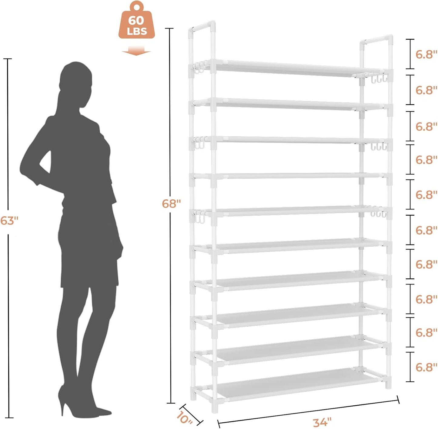 Tall Shoe Rack 10 Tier Shoe Organizer Large Shoe Shelf with 18 Hooks Storage for 50 Pair Sneaker and Boot, Stackable Vertical Shoe Rack Organizer for Closet, Entryway, Bedroom, White