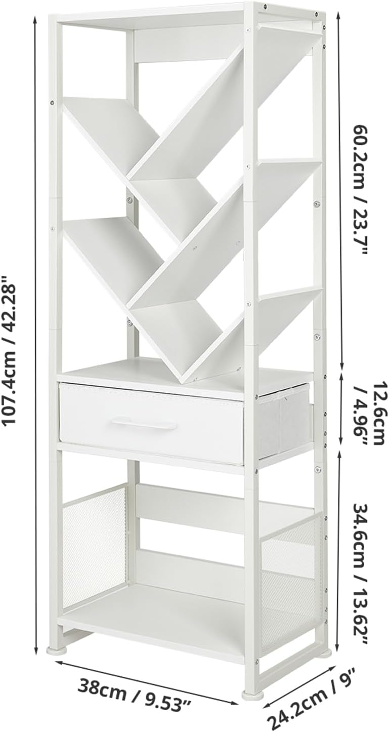 Bookshelf with Drawer,8 Tier Tree Bookcase Retro Floor Standing Bookshelves,Tall Wood Bookcases with Cabinet Storage Organizer for Living Room, Bedroom & Home Office, White