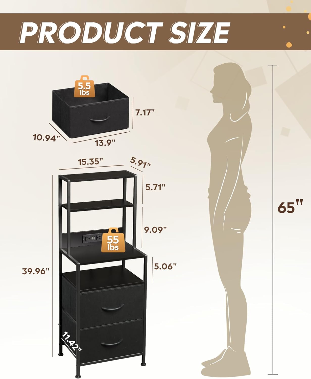 WLIVE Nightstand Set of 2 with Charging Station, LED Night Stand Sets with 2 Drawers and 4 Storage Open Shelves, Fabric Dressers for Bedroom, Black