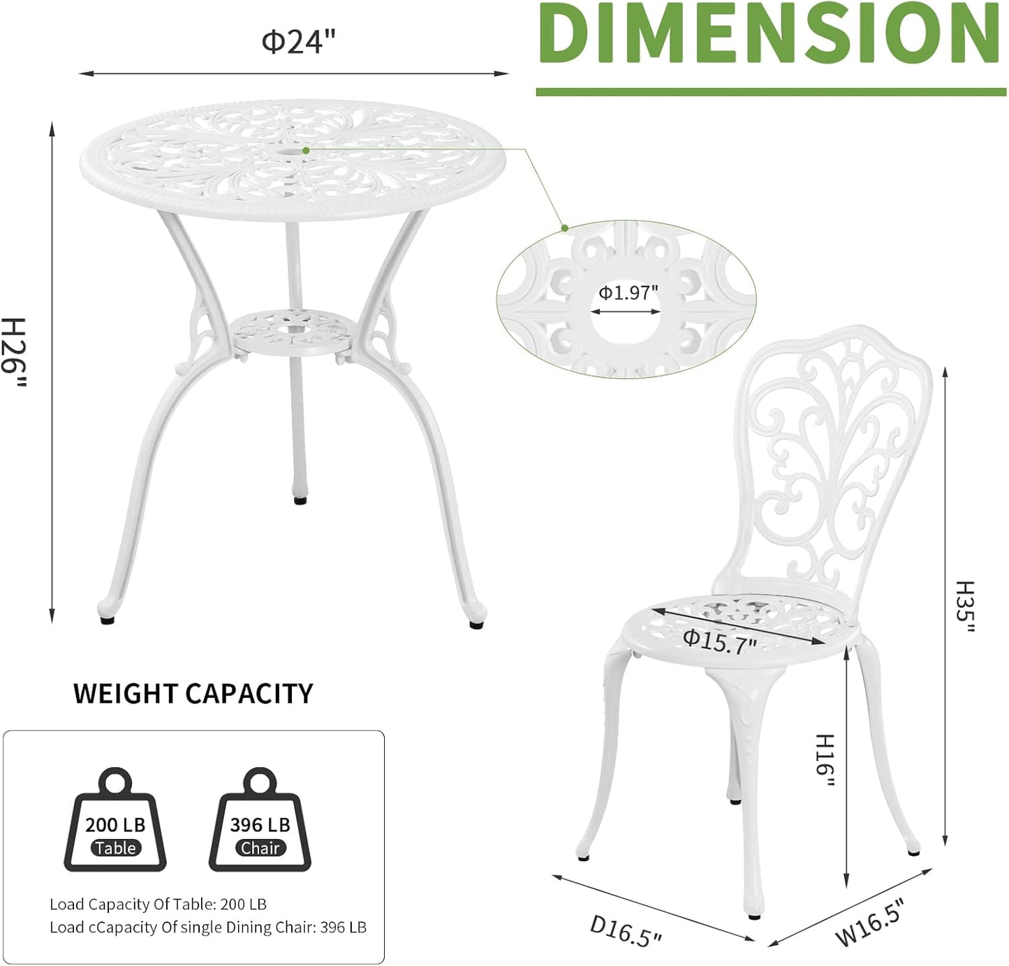 Bistro Set 3 Piece Outdoor Cast Aluminum Patio Bistro Set with Umbrella Hole, All Weather Bistro Table and Chairs Set, Small Patio Furniture Set for Garden, Porch,White