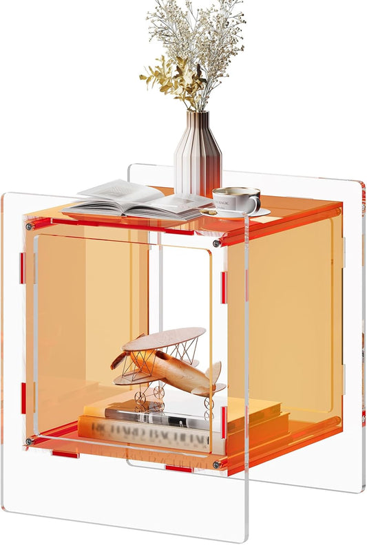 Acrylic Nightstand, Side Table, Record Player Table, End Table with Open Storage Shelf for Living Room, Bedroom, Home, Office Reception (Orange)