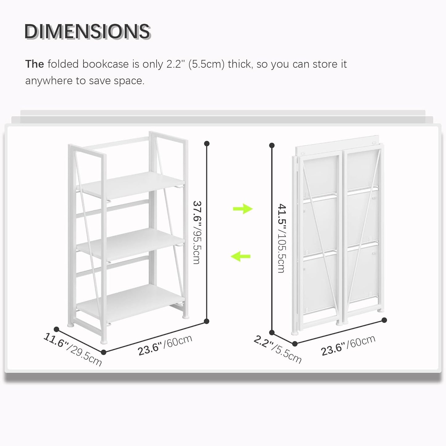 4NM No-Assembly Folding Bookshelf Storage Shelves 3 Tiers Vintage Bookcase Standing Racks Study Organizer Home Office (All White)