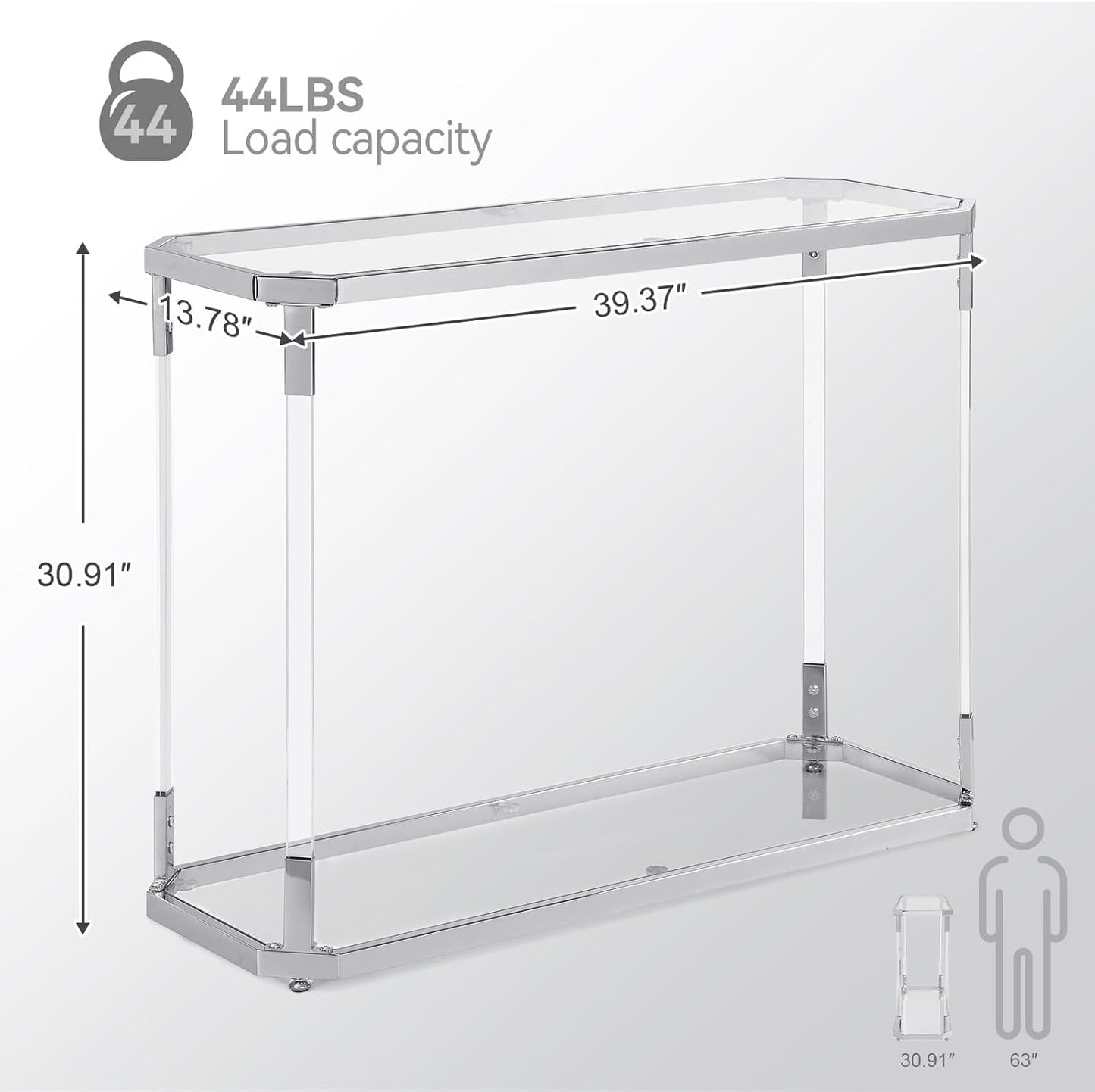 Glass Coffee Table, Clear Coffee Table with 2 Tiers, Acrylic Leg, Chrome Frame, Rectangular Center Table for Living Room (AST2017)