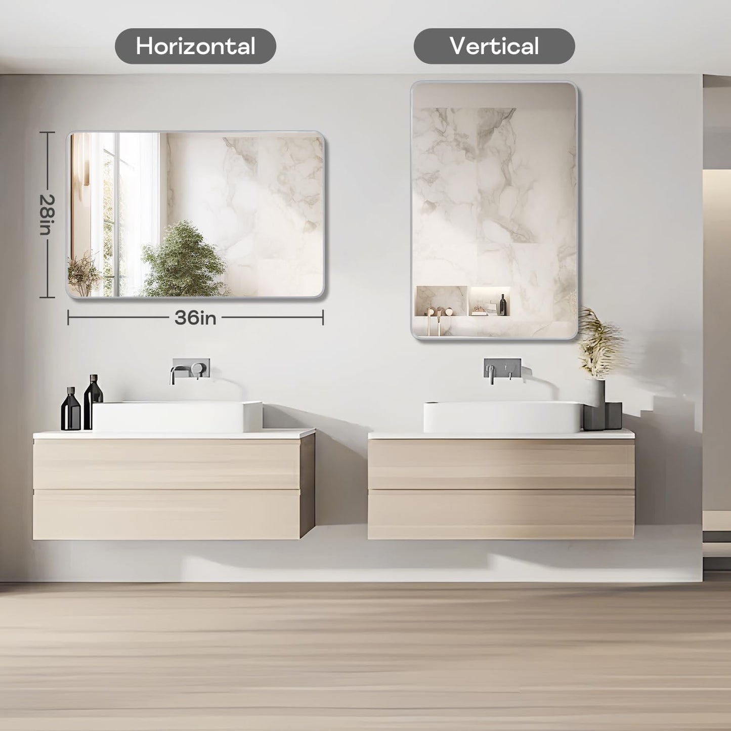 Silver Framed Bathroom Mirror, Brushed Nickel Large Rounded Corner Rectangle Wall Mirror, Tempered Glass, Shatter Proof, Anti-Rust, Hangs Horizontally or Vertically (28" x 36", Silver)