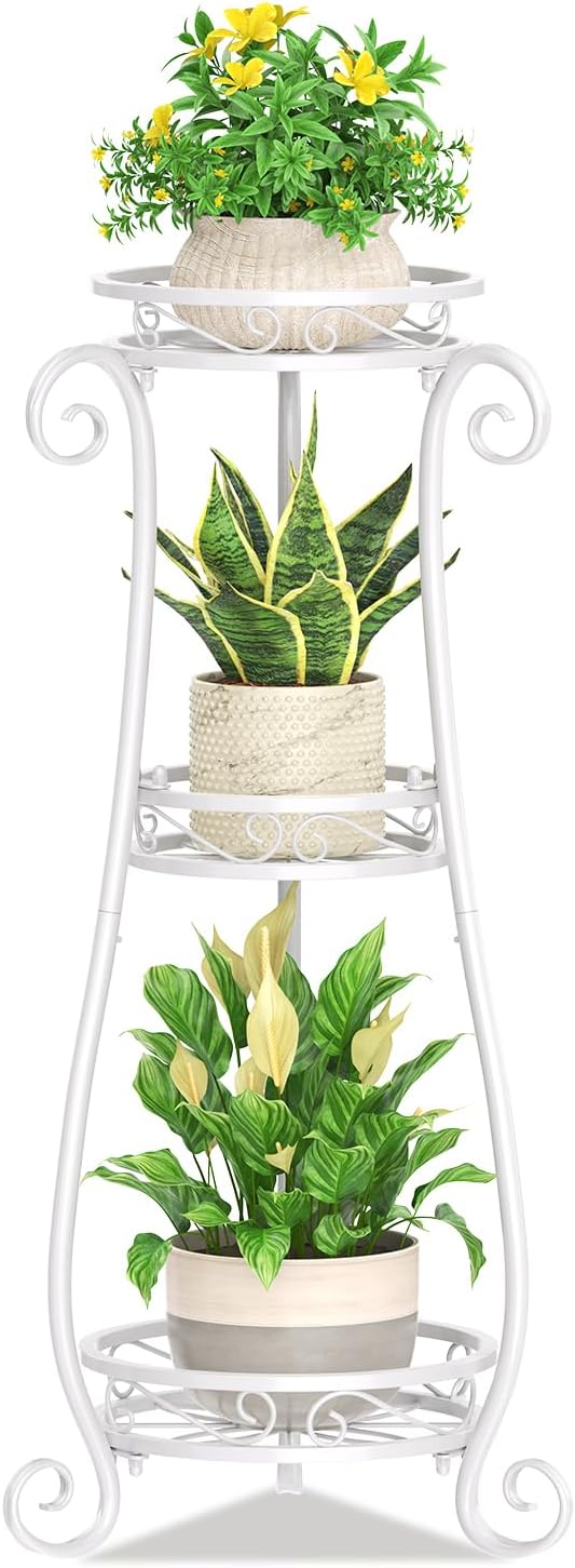 KMOTASUO 3 Tier Metal Plant Stand Indoor, 34 Inch Tall Corner Plant Stands for Indoor Plants, Flower Pot Holder Shelf Display Rack for Balcony Garden Patio Living Room(White)
