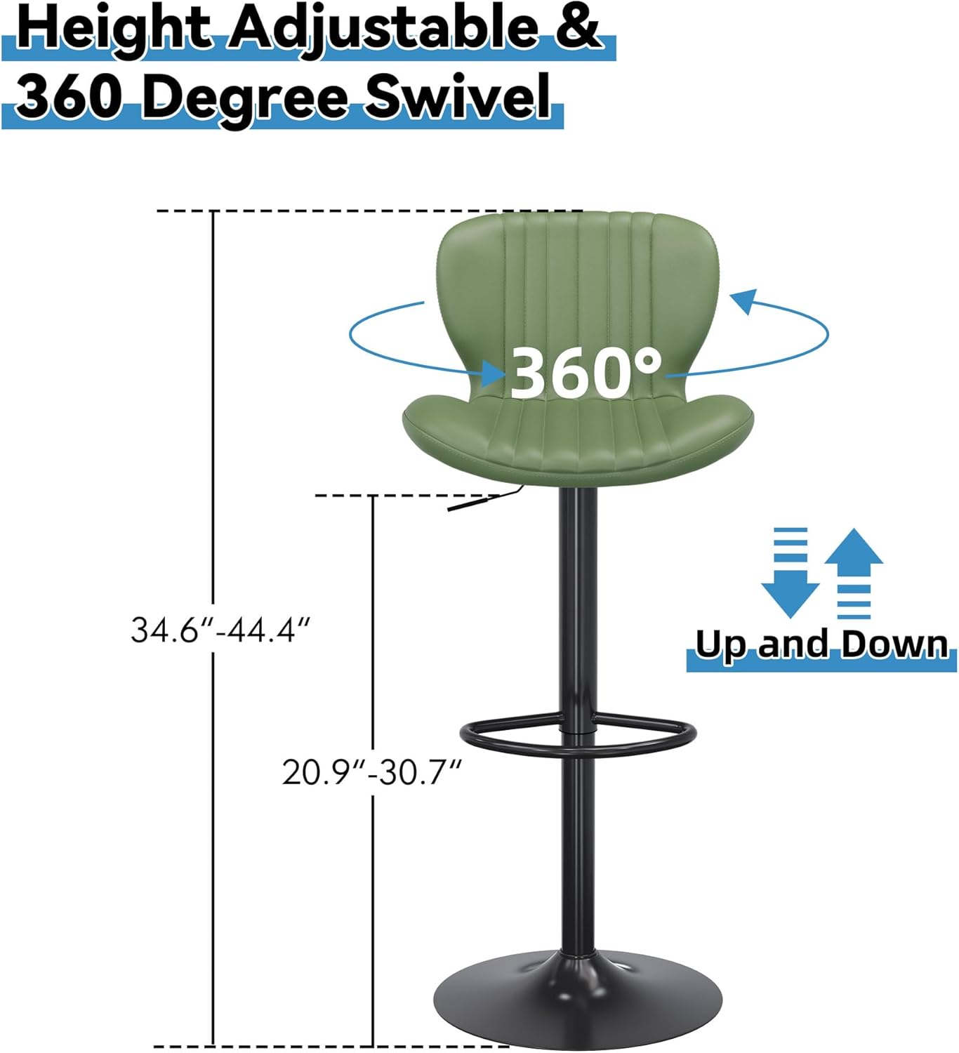 Shintenchi Bar Stools Set of 2 Modern Swivel Bar Chairs, Counter Height Faux Leather Metal Barstools, Upholstered Island Chairs with Back and Footrest, Green