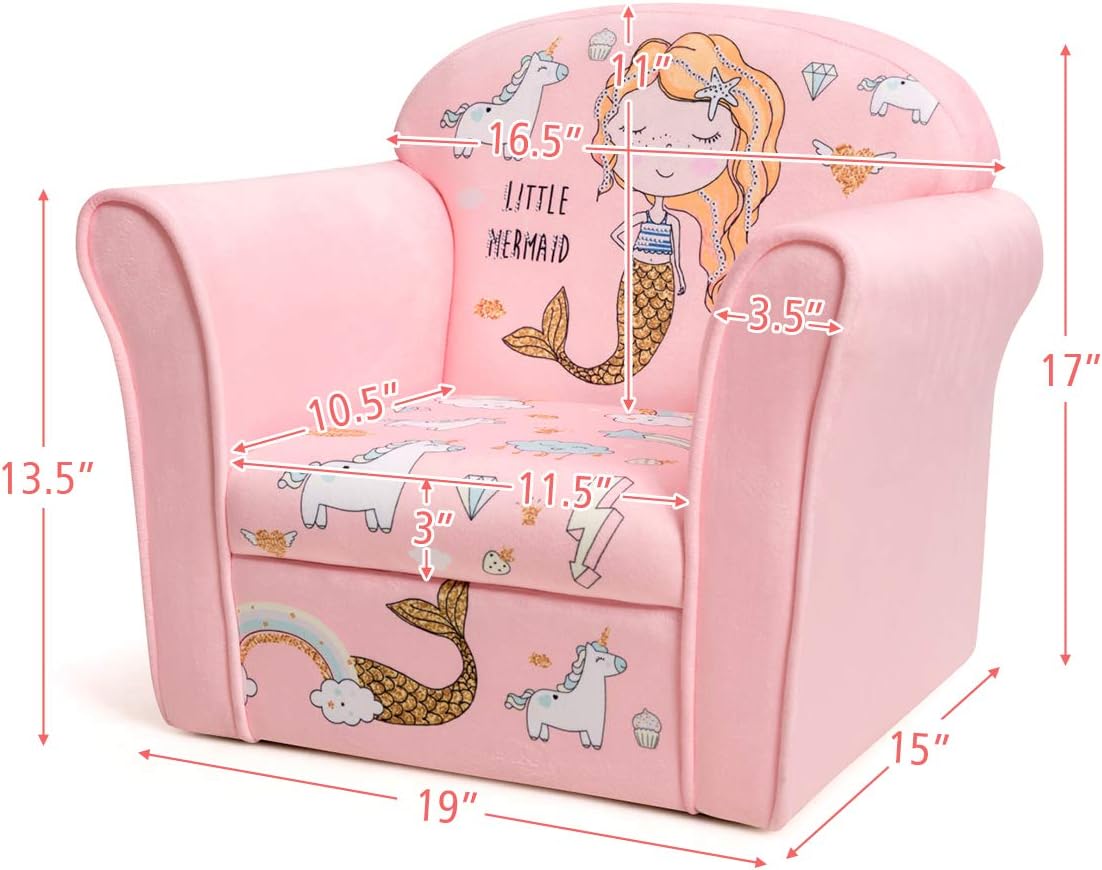 Costzon Kids Couch, Children's Sofa Armrest Chair with Pattern, Toddler Furniture w/Sturdy Wood Construction, Preschool, Lightweight Kids Couch Sofa Chair for Aged 1-5 Boys & Girls Gifts, Mermaid