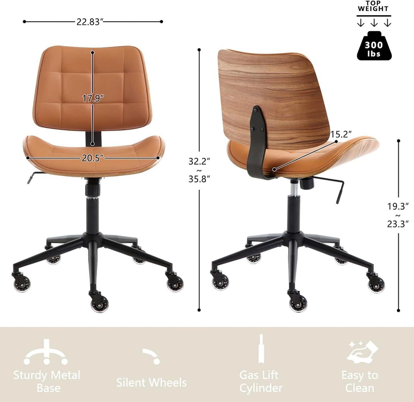 Home Office Desk Chair with Wheels, Adjustable Height Armless Office Chair, PU Leather Mid Back 360° Small Computer Chair, Modern Walnut Chair No Arms for Office, Reading Meeting Room(Brown)