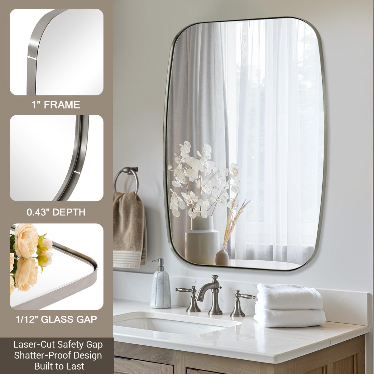 ANDY STAR Brushed Nickel Oblong Mirror, 36x40 Inch Brushed Nickel Oval Mirror for Bathroom with Stainless Steel Metal Frame, Wall Mouned for Bathroom, Living Room, Entryway