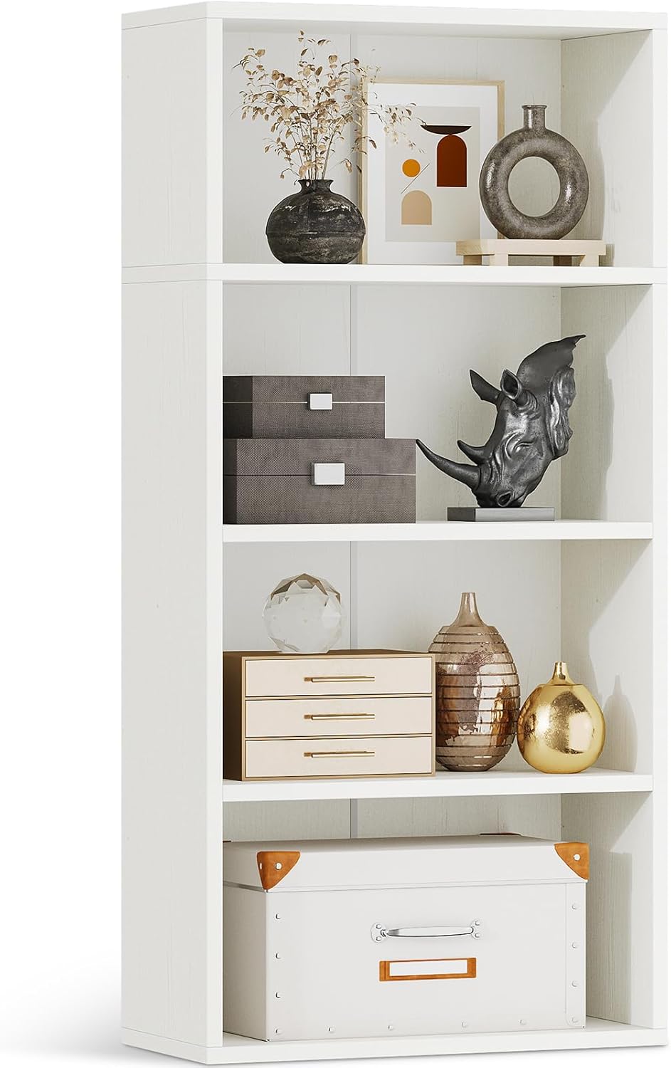 Casaottima 4-Tier Open Bookshelf and Bookcase, Floor Standing Display Storage Shelves for Living Room, Tall Book Shelf for Bedroom, Home Office, Dining Room, White