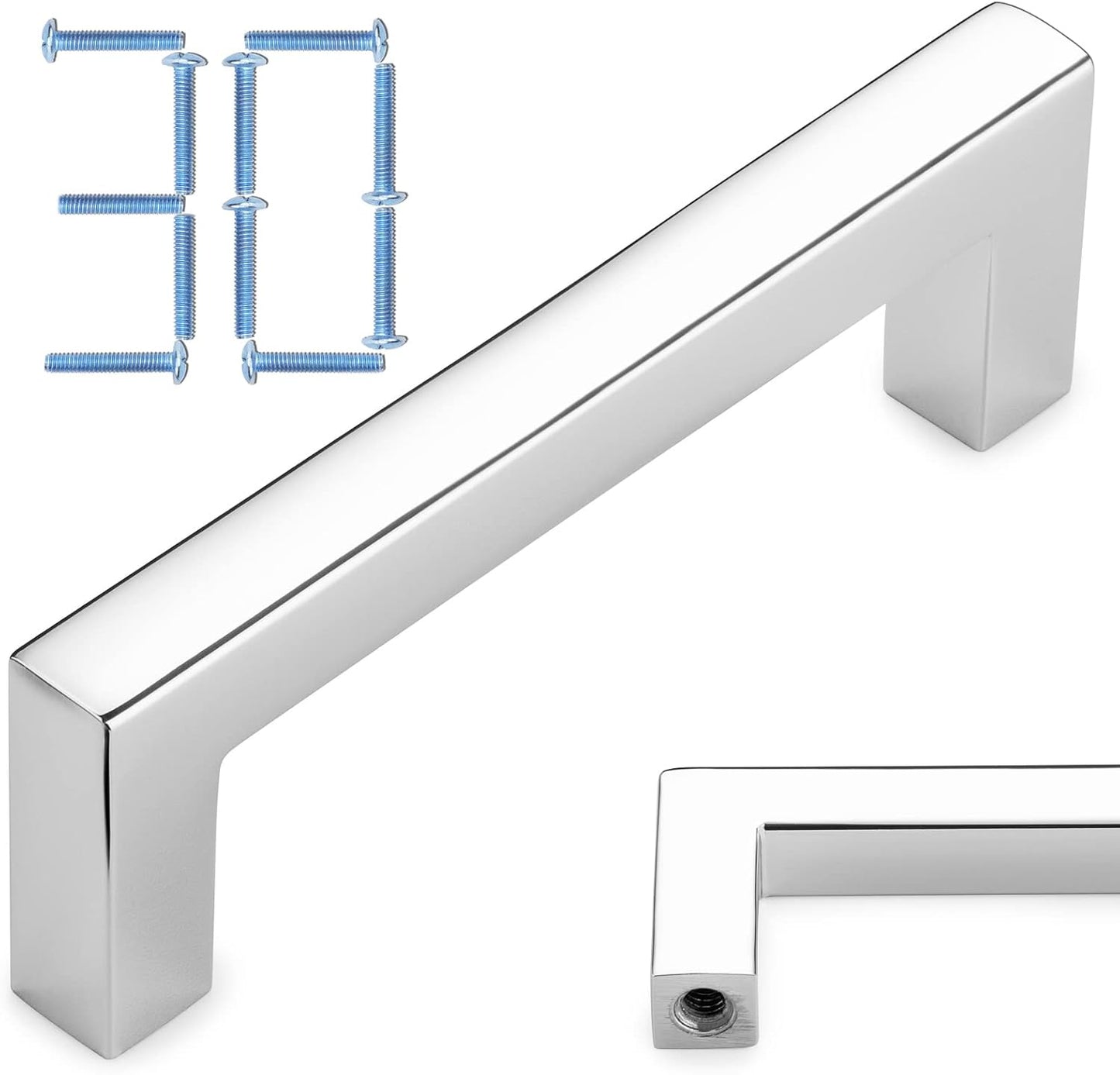 KOOFIZO 30-Pack Solid Square Bar Cabinet Handle - Chrome Furniture Pull, 3 Inch/76mm Screwhole Distance for Kitchen Cupboard Door, Bedroom Dresser Drawer, Bathroom Wardrobe Hardware