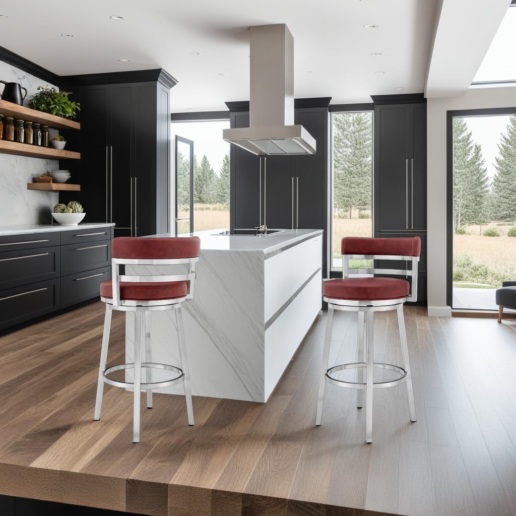 Armen Living Madrid 26" Seat Height Swivel Modern Red Faux Leather and Brushed Stainless Steel Bar Stool for Kitchen Island Counter