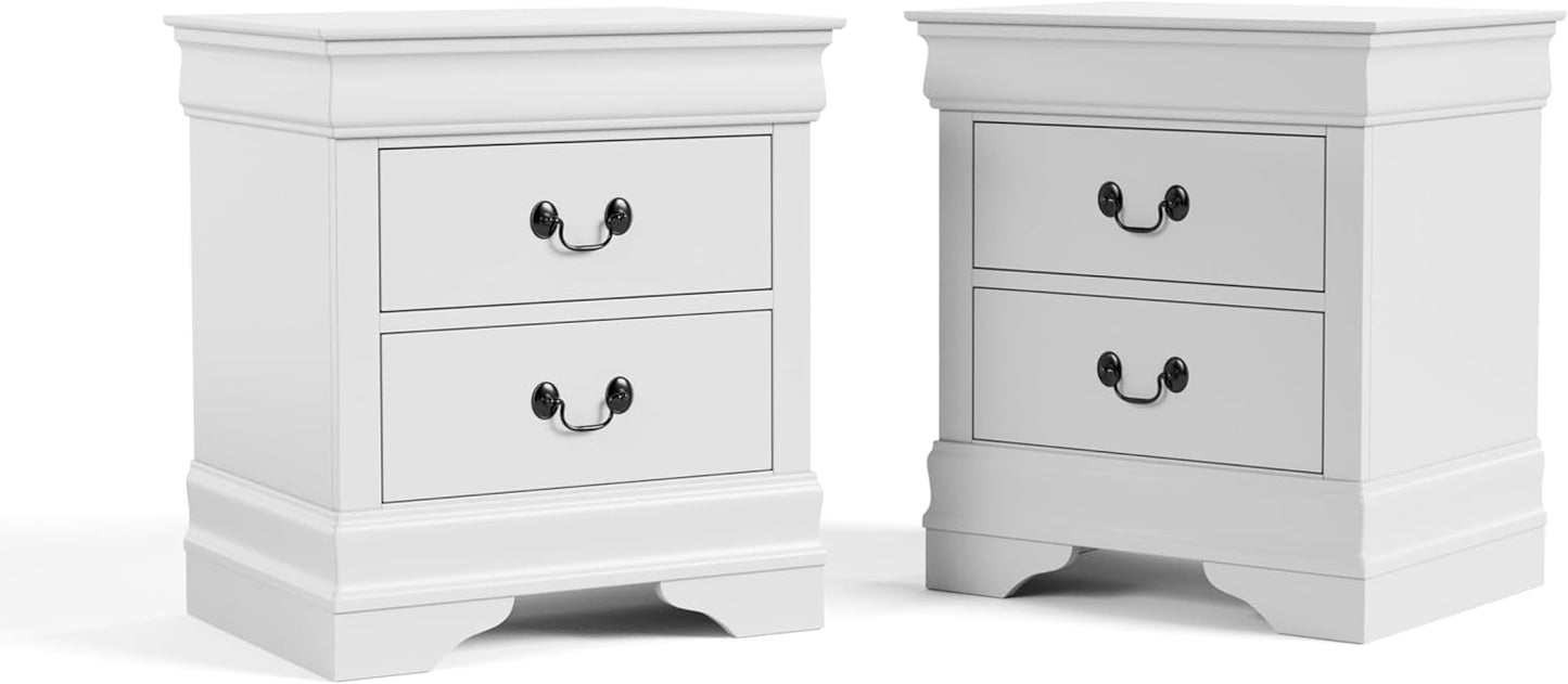 Furniture of America Arabella Traditional Solid Wood Nightstands Set of 2, Bedside Table with Drawers and Antique Nickle Handles, No Assembly Wooden Night Stands for Bedrooms, Guest Room, Dorm, White