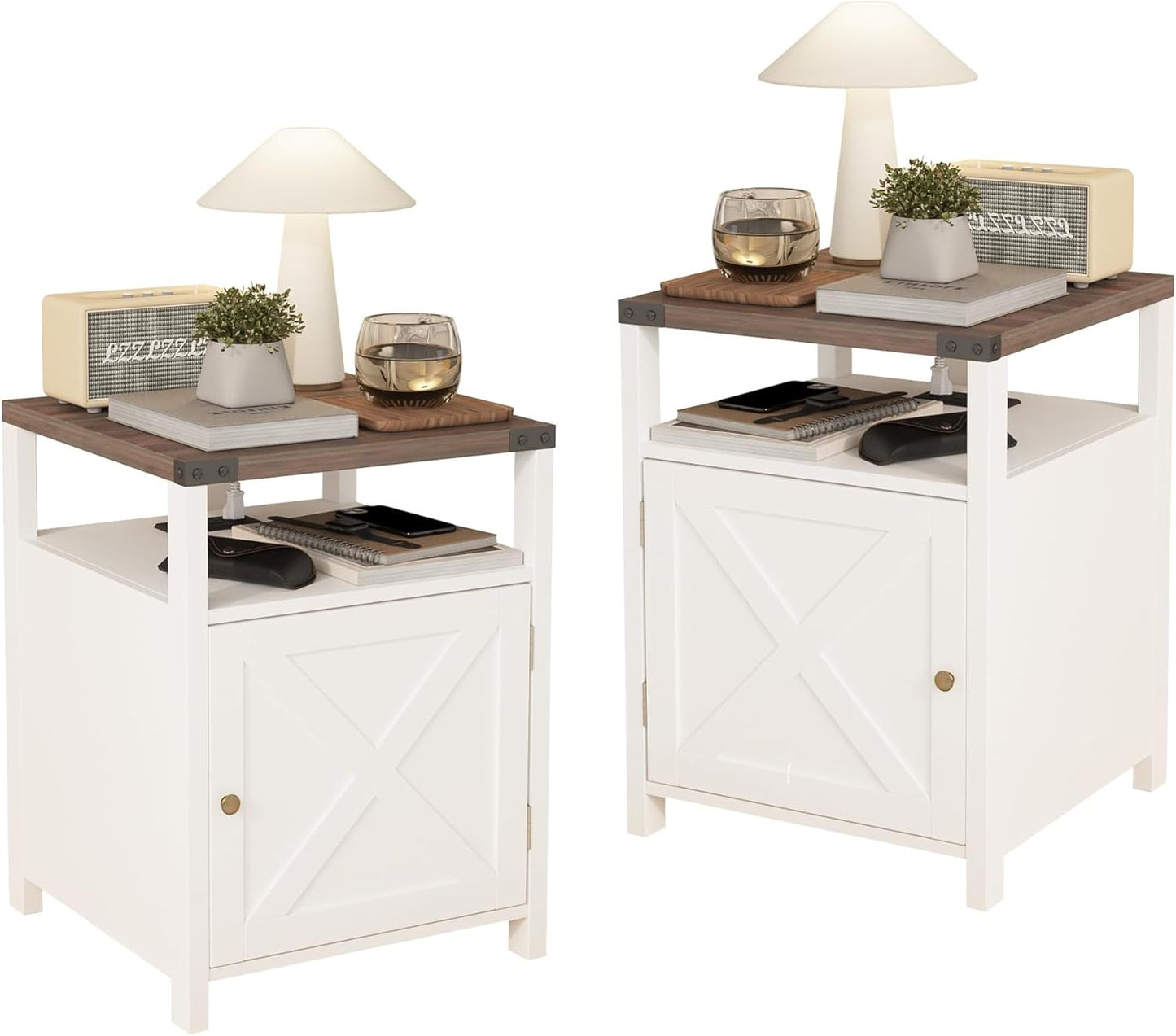 Farmhouse Nightstand Set of 2 with Charging Station, Rustic End Table Bedroom with Storage Living Room Side Table White Night Stand Industrial Bedside Bed Table with USB Ports and Outlets