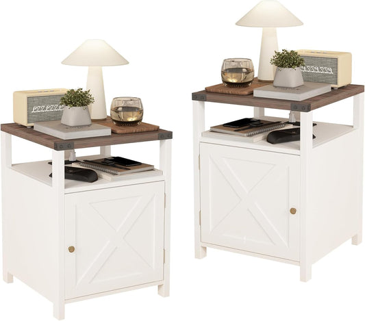 Farmhouse Nightstand Set of 2 with Charging Station, Rustic End Table Bedroom with Storage Living Room Side Table White Night Stand Industrial Bedside Bed Table with USB Ports and Outlets